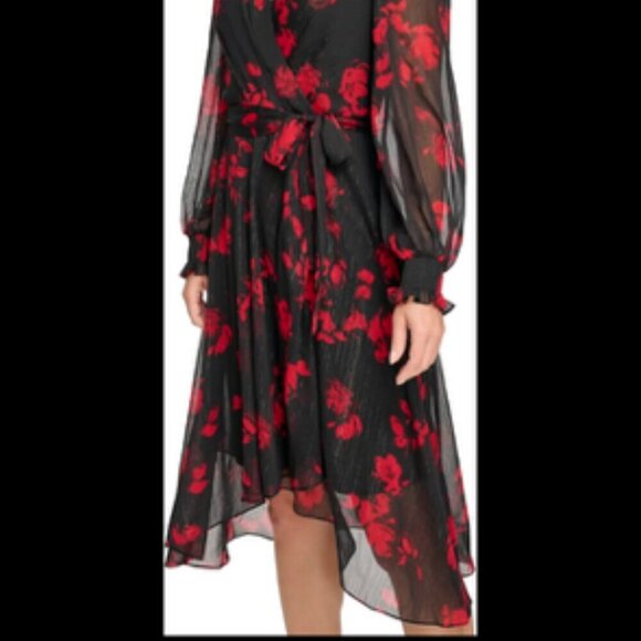 DKNY Floral Chiffon Fit & Flare Dress with Balloon Sleeves & Faux Wrap Skirt - Picture 3 of 6